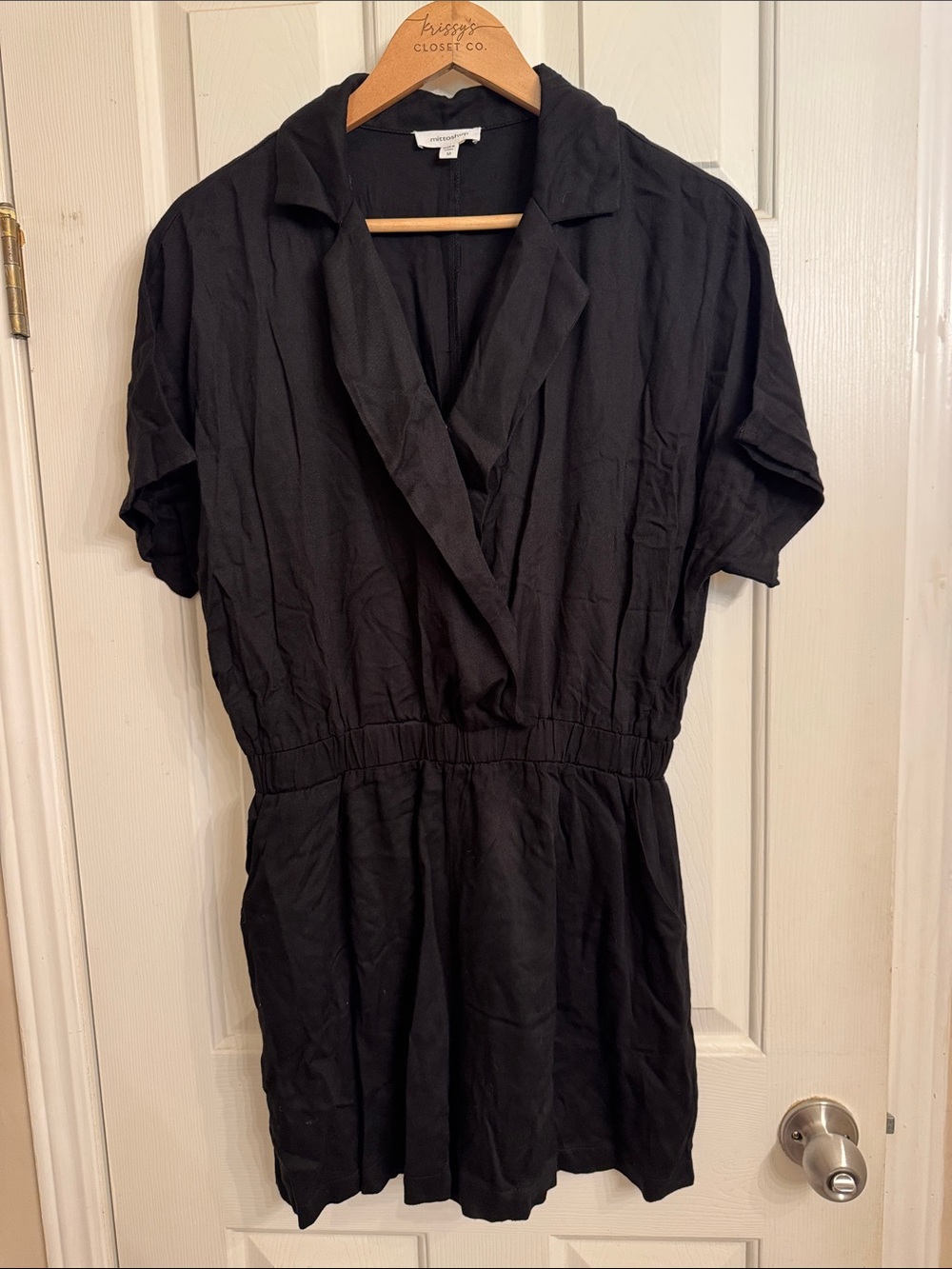 mittoshop Black Short-Sleeve V-Neck Romper with Elastic Waist with pockets
